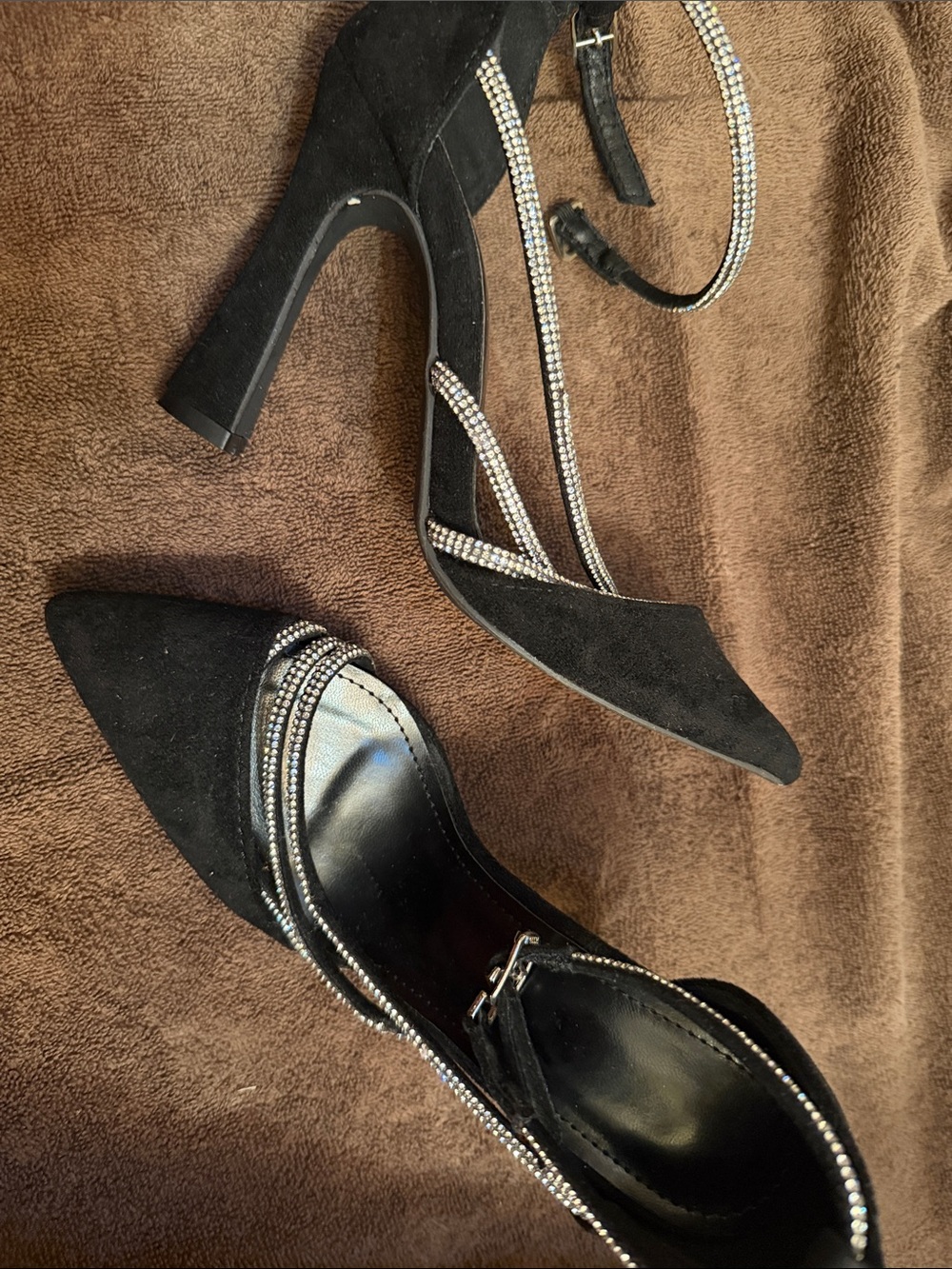 Black Suede Pointed-Toe Rhinestone Ankle-Strap Heels
